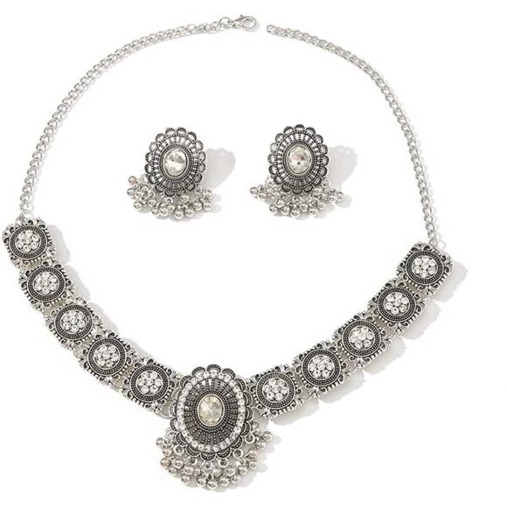Vintage Austrian Crystal Kundan Necklace Earrings Jewelry Set for Women